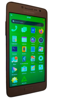 Photo of a Samsung Galaxy J2 Prime running PostMarketOS with the Phosh interface